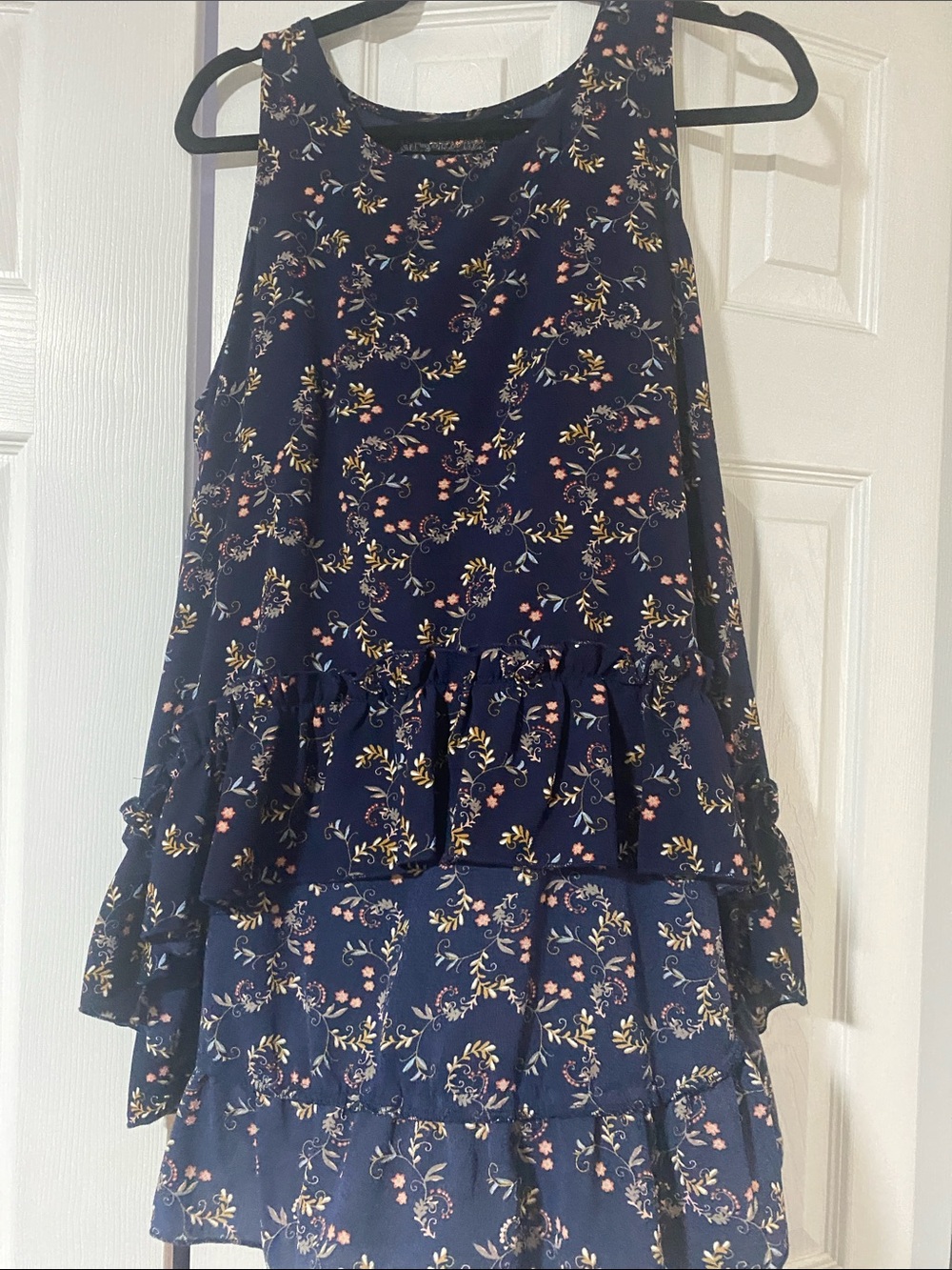 Navy Floral High-Low Top Ruffle Hem